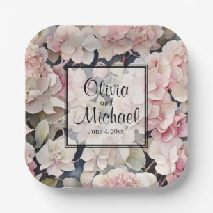Elegant pink watercolor floral hydrangeas  paper plate