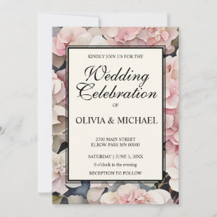 Elegant pink watercolor floral hydrangeas wedding invitation