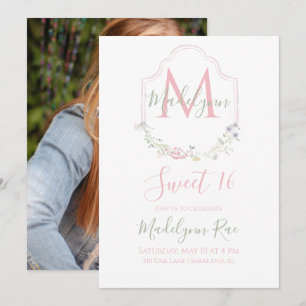 Elegant Pink Watercolor Floral Monogram Sweet 16 Invitation