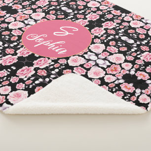 Elegant Pink Watercolor Floral Monogrammed Name Sherpa Blanket