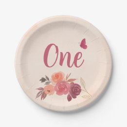 Elegant Pink Watercolor Floral One 1st Birthday Paper Plate