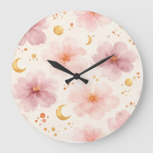 Elegant Pink Watercolor Floral Pattern Large Clock