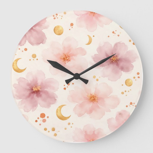 Elegant Pink Watercolor Floral Pattern Large Clock (Front)