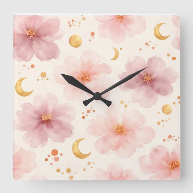Elegant Pink Watercolor Floral Pattern Square Wall Clock (Front)