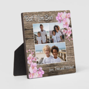 Elegant pink watercolor floral personalize 3 photo plaque