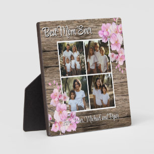 Elegant pink watercolor floral personalize 4 photo plaque