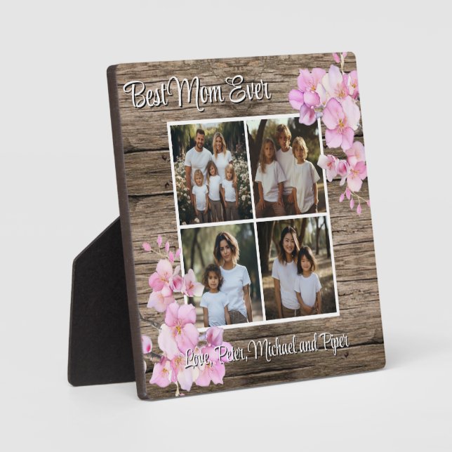 Elegant pink watercolor floral personalize 4 photo plaque (Front)