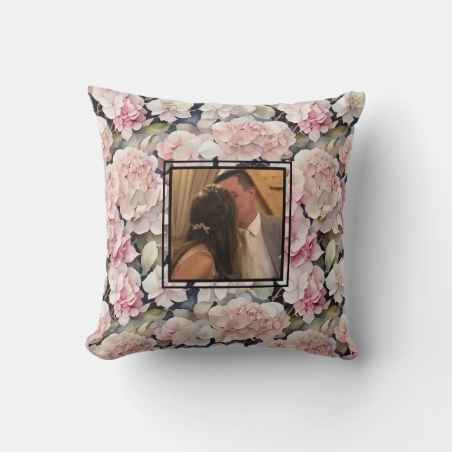 Elegant pink watercolor floral personalize photo throw pillow (Front)