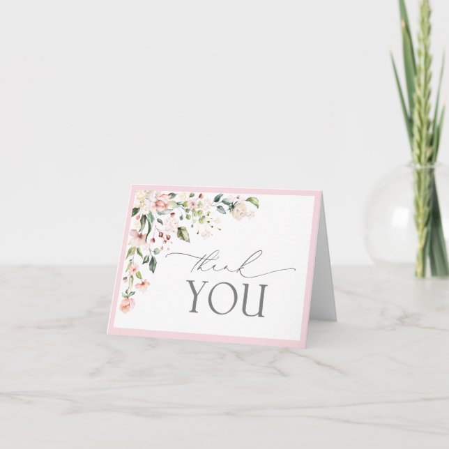 Elegant Pink Watercolor Floral Script Thank You Card (Front)