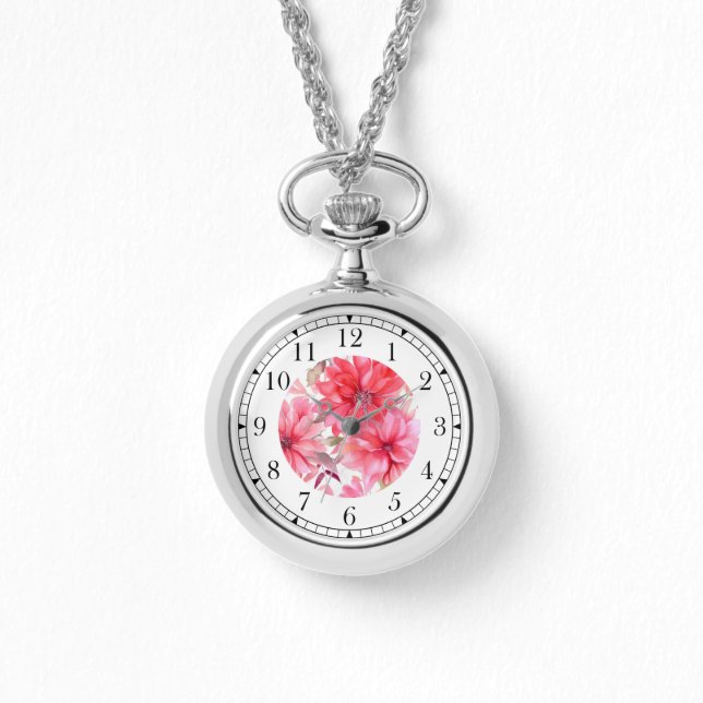 Elegant Pink Watercolor Floral Stylish Chic Womans Watch (Front)