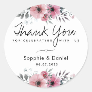 Elegant Pink Watercolor Floral Thank You Classic Round Sticker