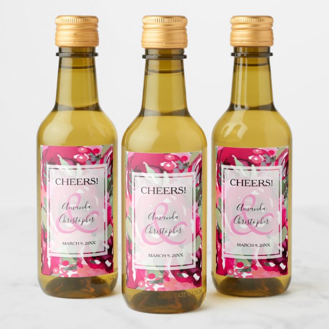Elegant Pink Watercolor Floral Wedding Mini Wine Label (Bottles)