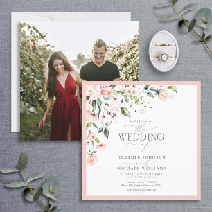 Elegant Pink Watercolor Floral Wedding Photo Invitation
