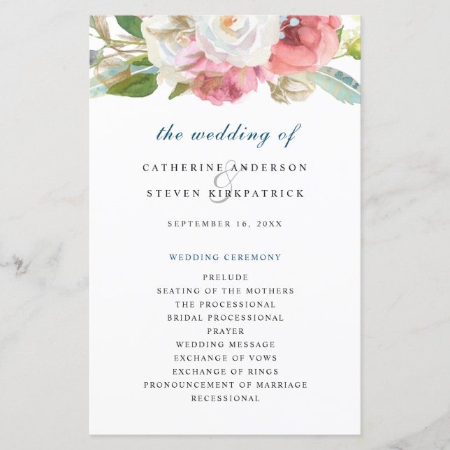 Elegant Pink Watercolor Floral Wedding Program (Front)