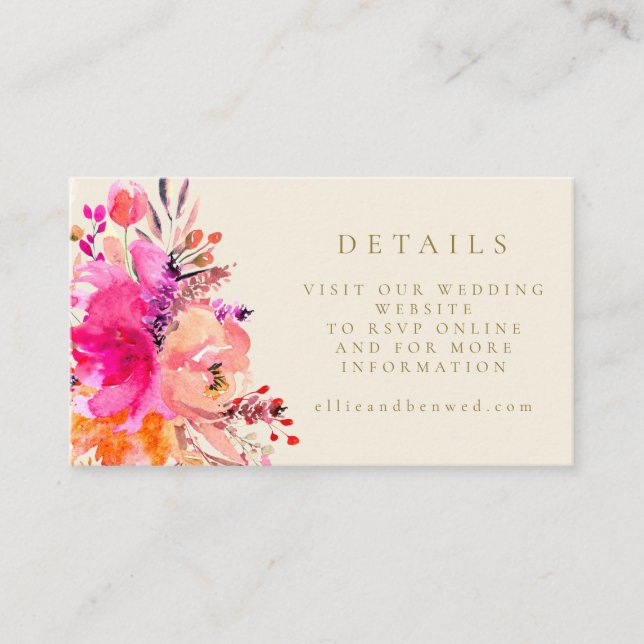 Elegant Pink Watercolor Floral Wedding Website Enclosure Card (Front)