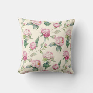 Elegant pink watercolor florals peonies roses throw pillow