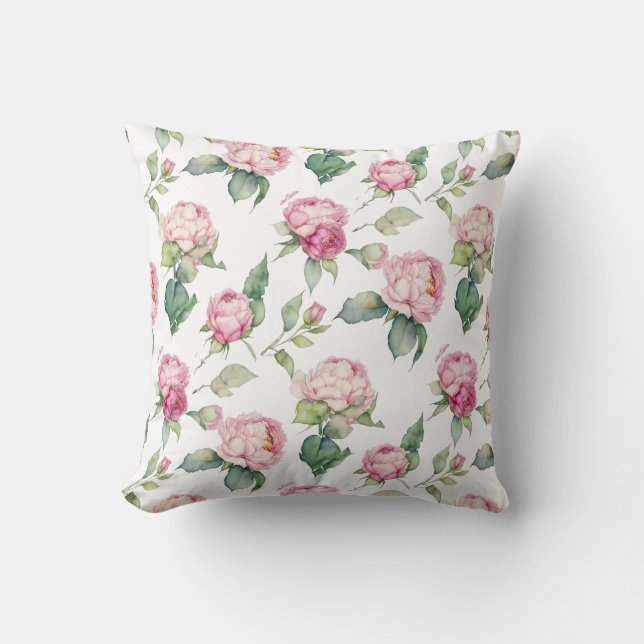 Elegant pink watercolor florals peonies roses throw pillow (Front)