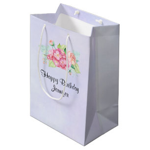 Elegant Pink Watercolor Flower Bouquet Birthday Medium Gift Bag
