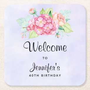 Elegant Pink Watercolor Flower Bouquet Birthday Square Paper Coaster