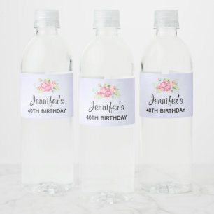 Elegant Pink Watercolor Flower Bouquet Birthday Water Bottle Label