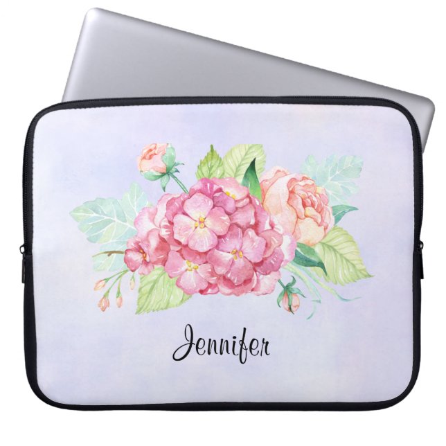 Elegant Pink Watercolor Flower Bouquet Laptop Sleeve (Front)