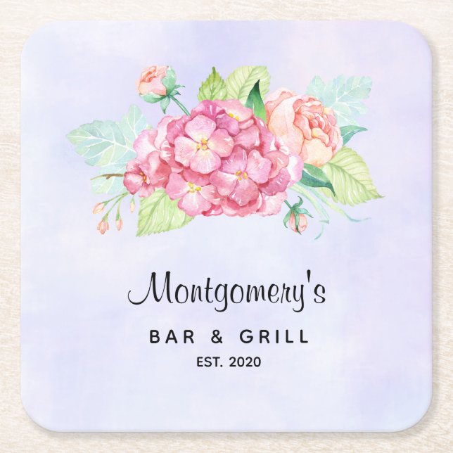 Elegant Pink Watercolor Flower Bouquet Square Paper Coaster (Front)
