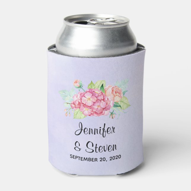 Elegant Pink Watercolor Flower Bouquet Wedding Can Cooler (Can Front)