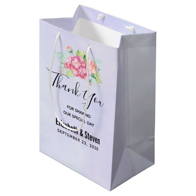 Elegant Pink Watercolor Flower Bouquet Wedding Medium Gift Bag (Front Angled)