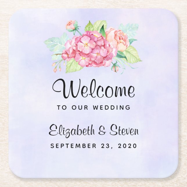 Elegant Pink Watercolor Flower Bouquet Wedding Square Paper Coaster (Front)