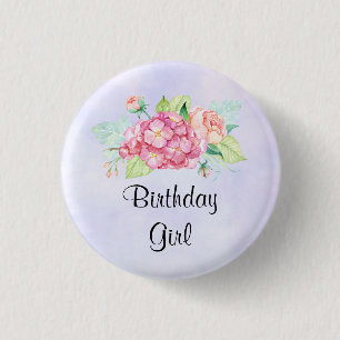 Elegant Pink Watercolor Flower Bunch Birthday Girl 1 Inch Round Button