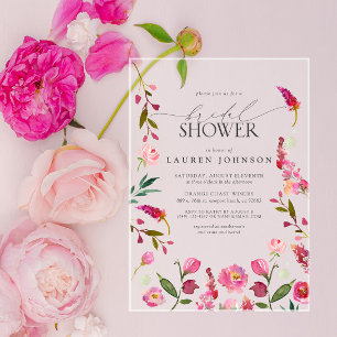 Elegant Pink Watercolor Flowers Bridal Shower Acrylic Invitations