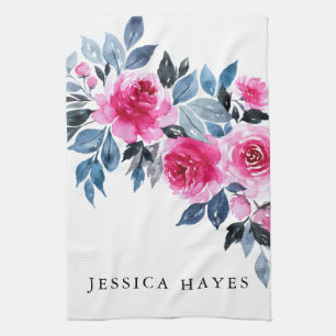 Elegant Pink Watercolor Flowers Kitchen Towel