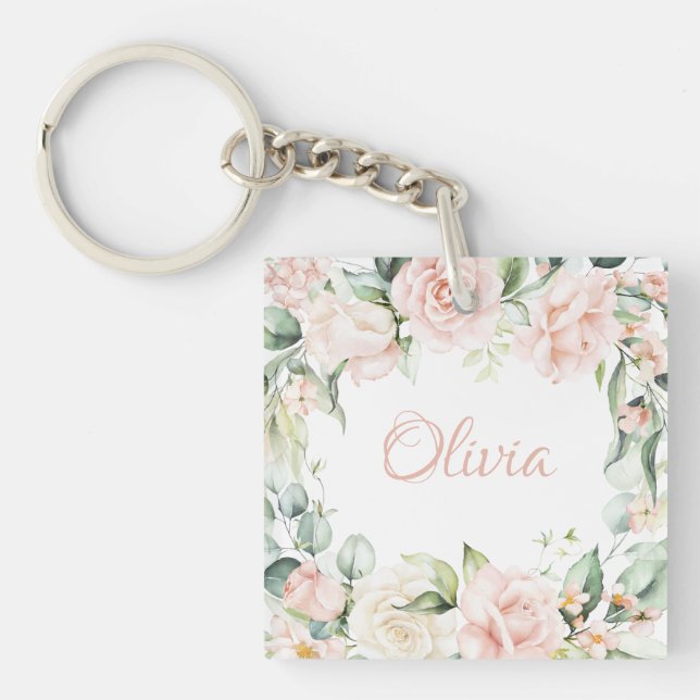 Elegant Pink Watercolor Flowers Personalized Keychain (Front)