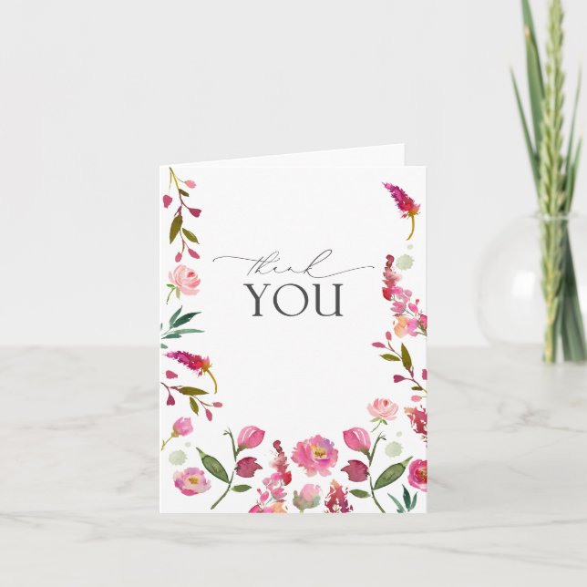 Elegant Pink Watercolor Flowers Thank You Card (Front)
