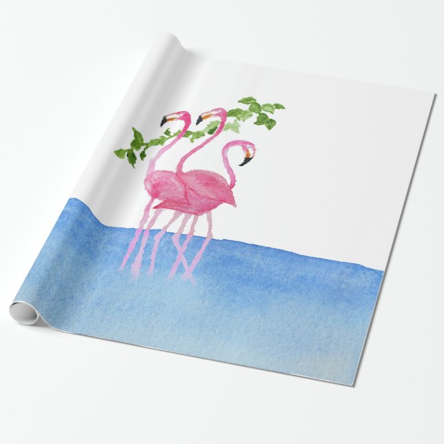 Elegant pink watercolor hand painted flamingo wrapping paper (Unrolled)