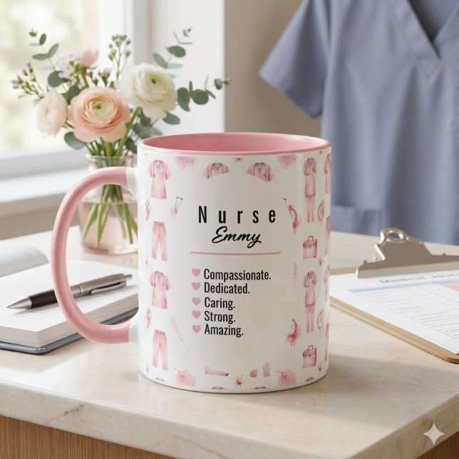 Elegant Pink Watercolor Nurse Pattern Personalized Mug (Creator Uploaded)