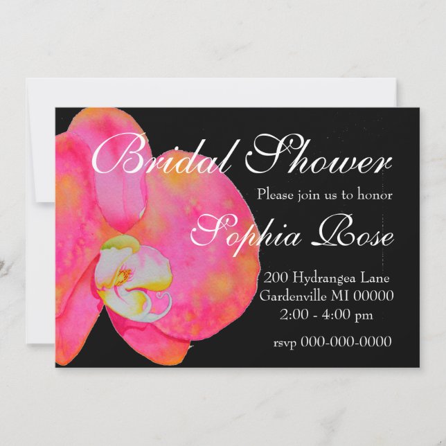 Elegant pink watercolor orchids tropical floral invitation (Front)
