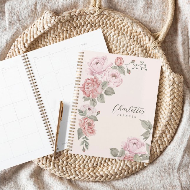 Elegant Pink Watercolor Peony Florals Personalized Planner (Creator Uploaded)