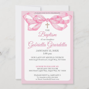 Elegant Pink Watercolor Ribbon Bow Baptism Invitation