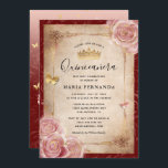 Elegant Pink Watercolor Rose Gold Quinceanera Invitation<br><div class="desc">Elegant rose gold quinceanera invitations that can be easily personalized for your sweet 16/15 birthday party! The luxurious design depicts gold butterfly confetti and blush pink watercolor roses hand illustrated by Raphaela Wilson. The ornate scrolled gown dresses border accents the vintage parchment paper on the front, as well as the...</div>