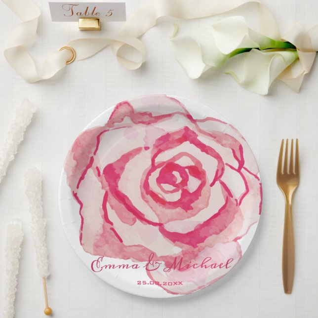 Elegant Pink Watercolor Rose, Personalized Wedding Paper Plate (Wedding)