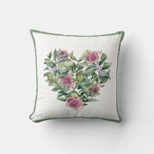 Elegant Pink Watercolor Roses Greenery Wreath Throw Pillow