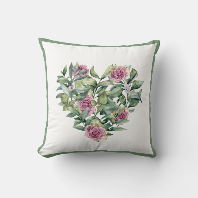 Elegant Pink Watercolor Roses Greenery Wreath Throw Pillow (Front)