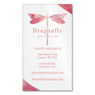 Elegant Pink Watercolor Wash Dragonfly Logo Magnetic Business Card