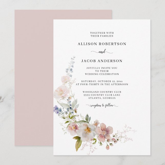Elegant Pink Watercolor Wildflower Floral Wedding Invitation (Front/Back)