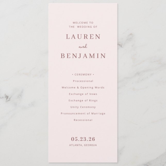 Elegant Pink Wedding Ceremony Outline Program (Front)