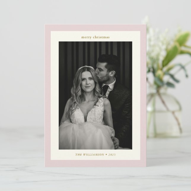Elegant Pink Wedding Couple Two Photo Christmas Holiday Card (Standing Front)