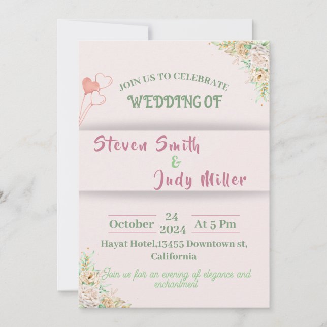 Elegant pink wedding invitation simple flowers (Front)