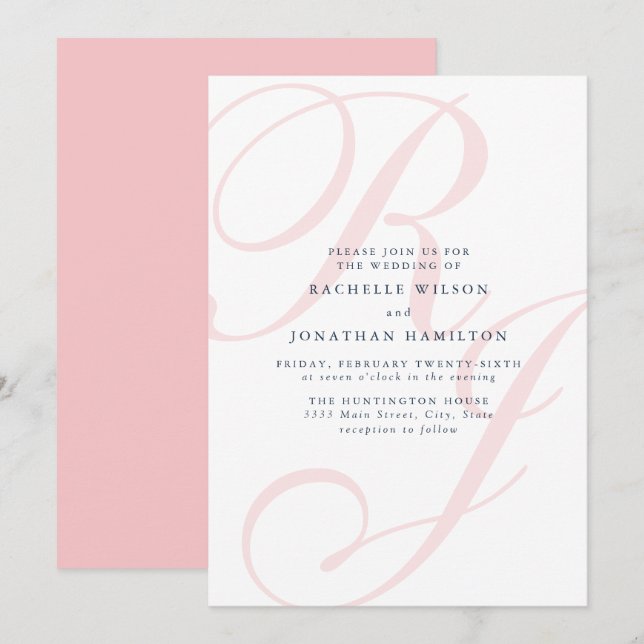 Elegant Pink Wedding Monogram Minimal Invitation (Front/Back)