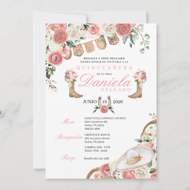 Elegant Pink Western Charro Cowgirl Quinceañera Invitation (Front)